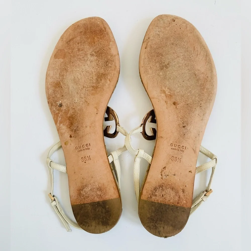 Gucci White leather GG supreme canvas interlocking heart thong sandals EU 36.5